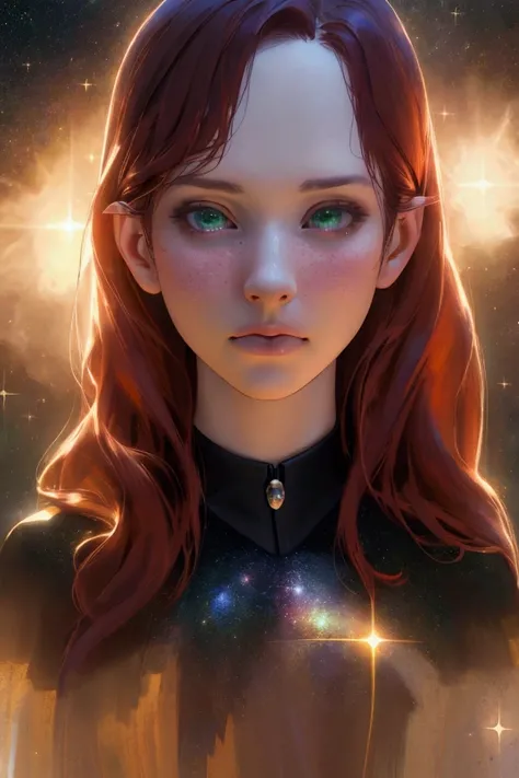 girl in a starry night sky background, redhead, green eyes, pale skin, thoughtful expression, detailed portrait, high quality digital art, cinematic lighting, dramatic colors, fantasy, surreal, magical realism, ultra-detailed, (best quality,4k,8k,highres,m...