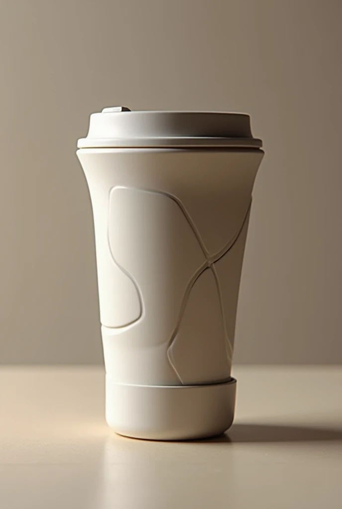 Imagine a coffee cup with a lid, highlighting a futuristic and minimalist design, using sustainable materials and interesting textures, perfect for attracting customers to a modern coffee shop.