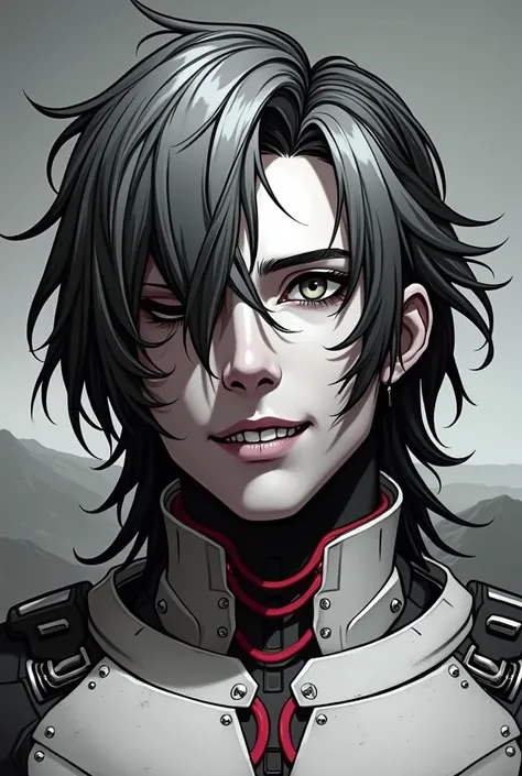 A young and very handsome man boothill from Honkai Star Rail. He is a cyborg-cowboy. He wears a cowboy hat. He has long black and white hair, that cascades down to his shoulders, one strand falling over his piercing gray eye. The other eye is hidden behind...