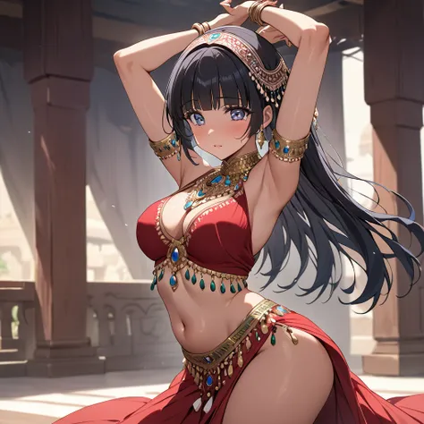 ((Highest quality)), ((masterpiece)), (detailed), （Perfect Face）、The woman is Aoki Reika, a brown-skinned Indian with semi-long hair.、A woman is dancing erotically in an Indian belly dance costume in India