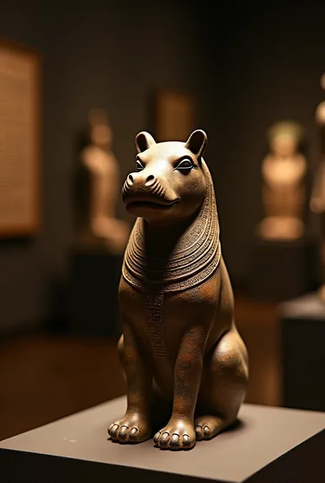 A small, ancient Egyptian figurine of a goddess with a hippo head placed at a museum