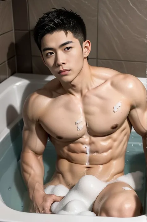 aiden,1 Asian muscular male, lying in the bathtub, filled with a lot of soap foam in bathtub, his half under body part is under the soap foam 