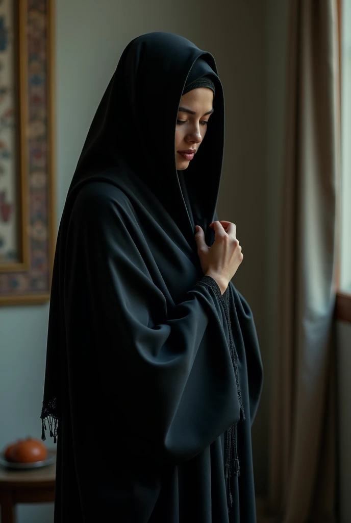 "Create an image of a woman wearing a black hijab and a long, dark-colored robe, bending forward with her back to the camera. The setting should be indoors with soft lighting and subtle details in the background."