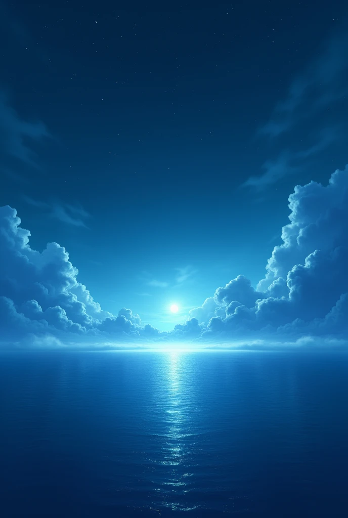 A blue light sea in night, individual clouds, sunset