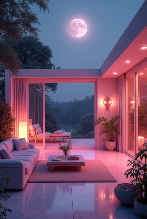 Pink living room outside at night
