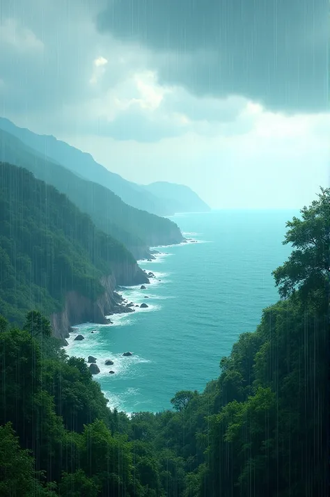 A sea view with forests and rain 