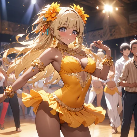 ((Highest quality)), ((masterpiece)), (detailed), （Perfect Face）、The woman is Reika Aoki, a Latin American with dark skin and medium-long blonde hair.、A woman is dancing the lambada in a lambada costume in South America