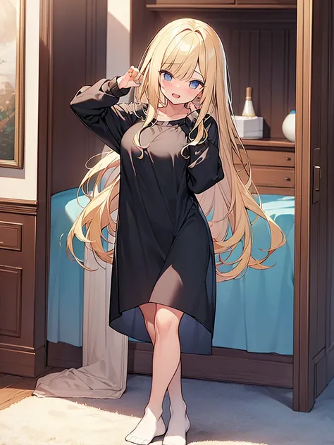 (Masterpiece, Top quality:1.5), full body, (1 beautiful girl, solo:1.2), (short height:1.3), (Long Sleeve Nightshirt with Ankle Socks:1.3), Blonde hair:1.1, medium Hair, wavy Hair, asymmetry bangs, swept bangs, airy hair, large breasts:1.1, (sleepy-eyed:1....