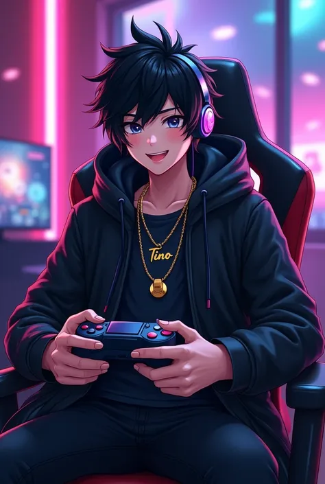 Young man with black hair and black eyes , black hooded coat sitting on a chair playing games with his controller looking at the camera with a smile in a background with led lights and with gamer headphones   , anime boy. With a gold chain that says Tino 