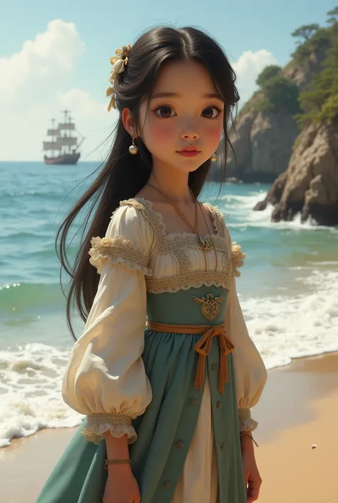 young girl, dressed in 18th century clothing, face with features of the Mongoloid race, is located on the seashore