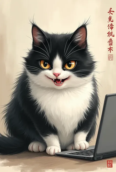 using chinese traditional ink water painting style to create a smart cat with tricky eye, terrfied face without smile, mouth opening and white and bkack fat body. laying beside notebook pc