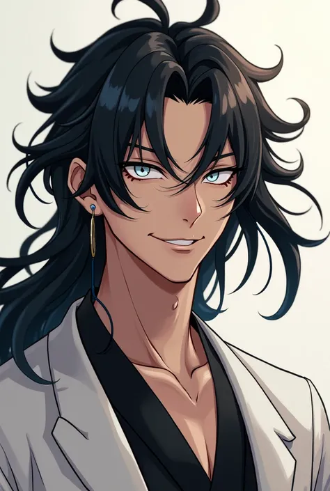 Male, young, dark skin, happy, long black hair, byakugan white eyes, outfit similar to Mitsuru being white and black, Happy