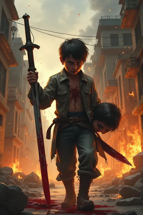 A boy with sword in angry mood  walking in street wih fires ang holding men head 