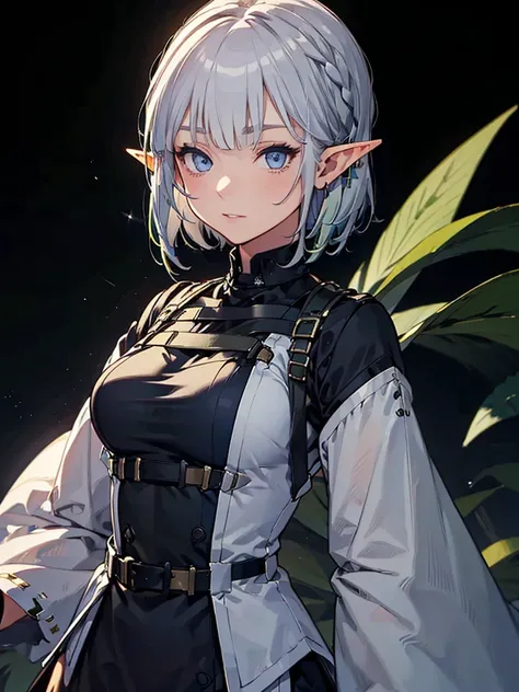 whole body、Black background with spotlight, Long eyelashes, Green military uniform、beautiful girl,　Pointed Ears、Elf、Silver Hair、blue eyes、Braided shorthair