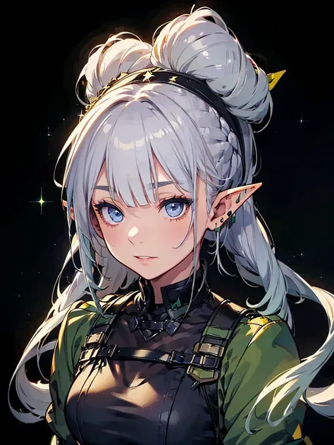 whole body、Black background with spotlight, Long eyelashes, Green military uniform、beautiful girl,　Pointed Ears、Elf、Silver Hair、blue eyes、Braided shorthair