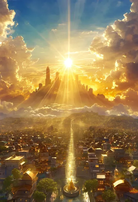 Mysterious city rising into the sky、digital art, The clouds clear and the shining sun appears, Ascension Day，golden sun、Sky City、god々Utopian、There is one relic。God floating in the air々Our Town、Angel Ladder、The city where golden cats live