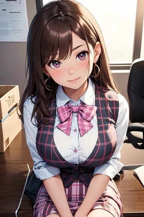 1 girl, brown hair, office lady, large breast, earrings, brown hair, wearing a blue plaid vest, white shirt, ((pink plaid pencil skirt)), earrings, ribbon, sit on the bench,, leaning forward, cute face, smile, blushing,  at the office, (((front view))), lo...