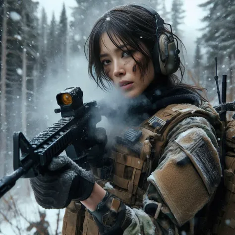 8K, realistic photo, realistic skin texture, Beautiful Japanese women in the US military、In the winter forest、explosion、Close call、
、They are shouting to evacuate immediately.、Automatic rifle、Bulletproof vest、Back Back、boots、Covered in scars、Grim expressio...