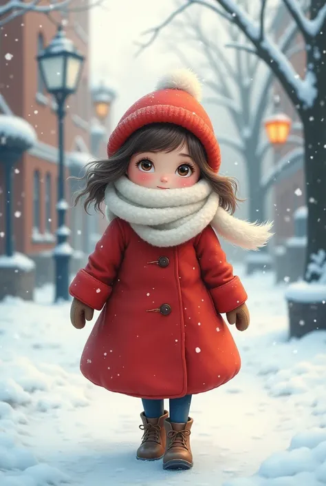 A young girl walks on a snowy street. She wears a bright red coat and a white scarf covering her face, just like in a fairytale illustration.