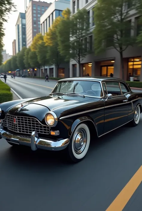 Design a modernized Studebaker Golden Hawk that preserves its classic elegance, luxury, and vintage appeal, while incorporating contemporary design elements. The front should feature a sleek grille with thin chrome or blacked-out surrounds, complemented by...