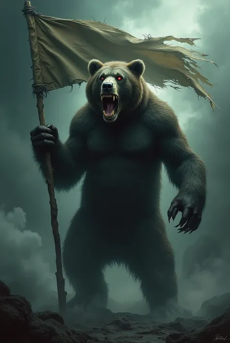 image of a scary half-body bear holding a flag