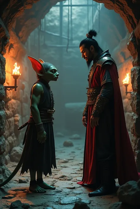 a goblin talking to a black haired prince, Cao Cao, in a dungeon 