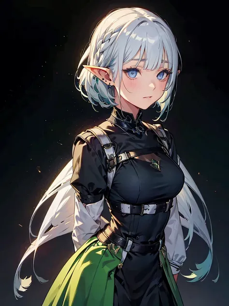 whole body、Black background with spotlight, Long eyelashes, Green clothing、beautiful girl,　Pointed Ears、Elf、Silver Hair、blue eyes、Braided shorthair