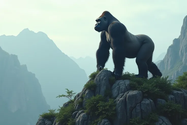 Create a stunning, hyper-realistic, AI-generated artwork of a gorilla in its natural habitat, positioned at the top of a mountain range. The gorilla should be depicted in a commanding and majestic pose, showcasing its powerful build and expressive features...