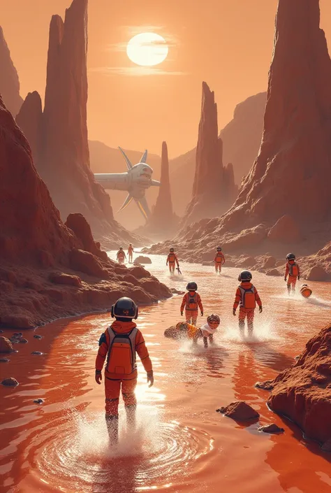 WATER PARK FOR CHILDREN WITH GEYSERS IN SPACE ON THE PLANET MARS 