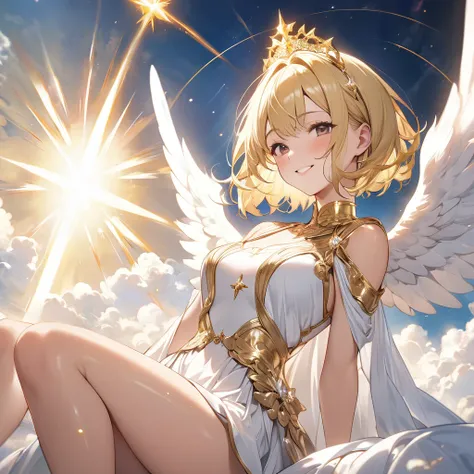 masterpiece, top quality, 8k, real person,1,shiny skin, fully focused, heaven, divine glory, Radiant, angel, blessing, happiness,sit、smile、White dress、Gold Tiara、Blonde、Short Hair、Angel&#39;s wing、Leg spread、Masturbation、Open up、Spreading pussy、Touching pu...