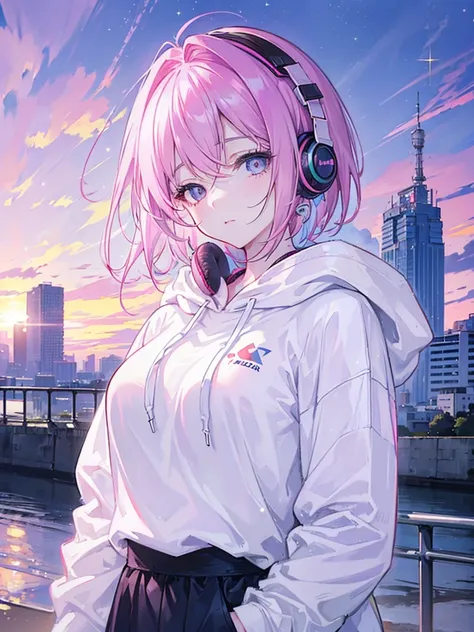 masterpiece, Highest quality, One Girl, Pink and blue hair, Mouth closed,, View your audience, , short hair, Sunset alone, Upper Body,  ((Wearing a plain white hoodie)) 、((White headphones worn on ears)),moderate bust、German descent、Urban Background,Large ...