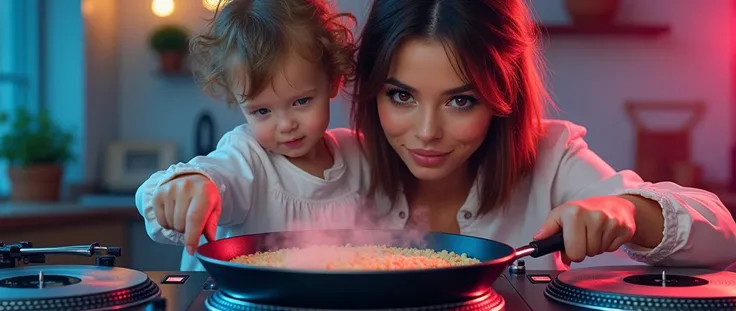 a female DJ AND A CHILD making cooking gestures with a frying pan on turntables on a stove, beautiful detailed eyes, beautiful detailed lips, extremely detailed eyes and face, long eyelashes, painting, oil painting, 8K, high quality, hyperrealistic, intric...