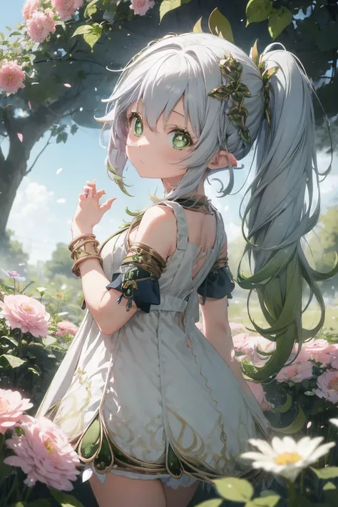 1girl:1.3, kawaii girl, (pastel color digital art:1.3), middle hair, curly hair, loose hair, big hair, dense hair, pale blue hair, green eyes, fantasy intricate clothes, engraving, craftsmanship, (flowers, petals), enticing art pose, psychedelic, fractal, ...