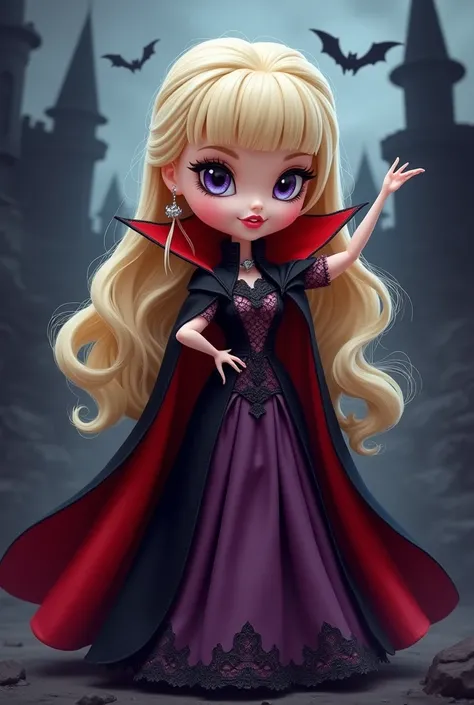 Blonde Polly Pocket doll dressed as the vampire Draculaura in old anime version 