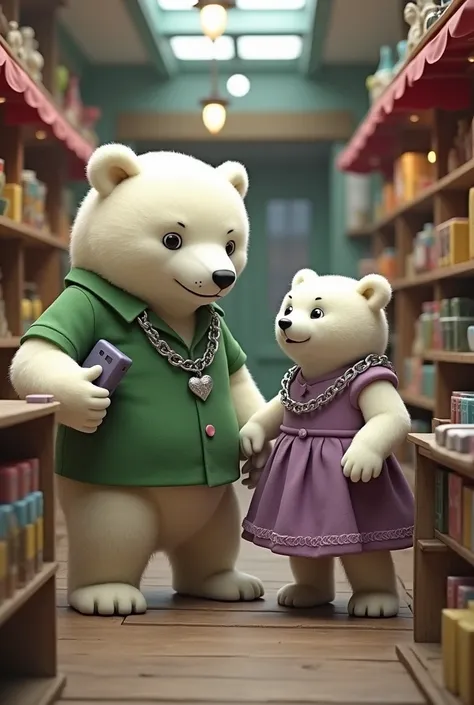 Large polar bear with silver chain, green shirt and a cell phone, Smallest polar bear with chain heart pendant, purple dress taking order of various items in a store