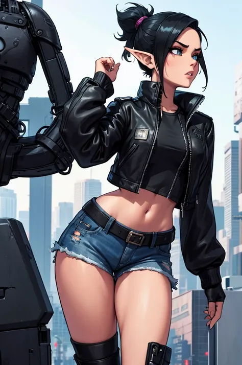 shadrowrun girls, cyberpunk style, sexy elf girl, torn tights, short denim shorts, black leather jacket, cyber implants, shaved ...