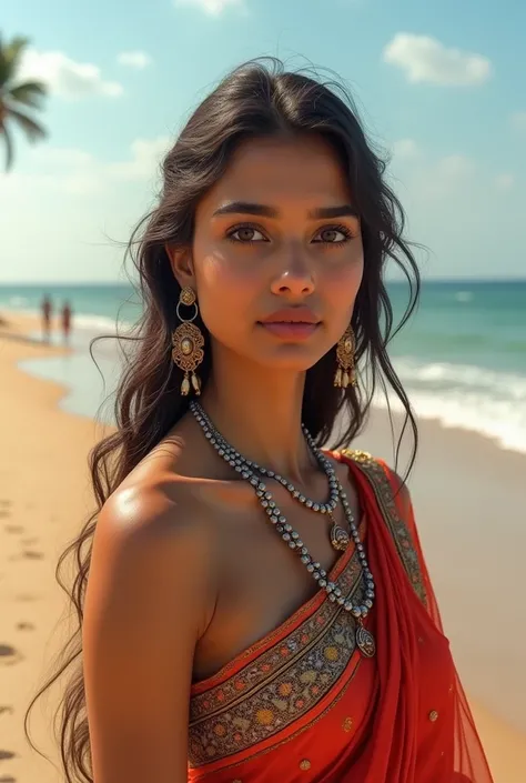 jeune femme indienne sur une plage photo réaliste 8K en tenu traditionnel 
 