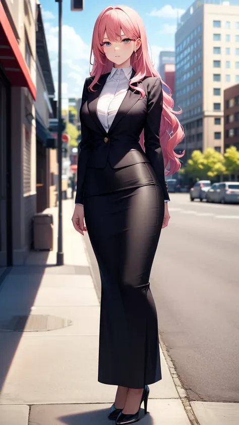 masterpiece, best quality, high detail, beautiful business woman, solo focus, long wavy hair, pink hair, (black blazer), (black midi pencil skirt), long skirt, wide hips, looking at viewer, wide-eyed, city, sidewalk, summer, (cloudy sky), 