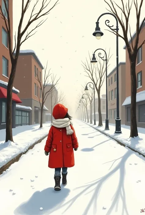 A young girl walks on a snowy street. She is wearing a bright red coat and a white scarf covering her face. Hand drawn illustration.