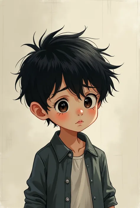 A handsome boy with black hair, about 1, look sad, drawing style,
