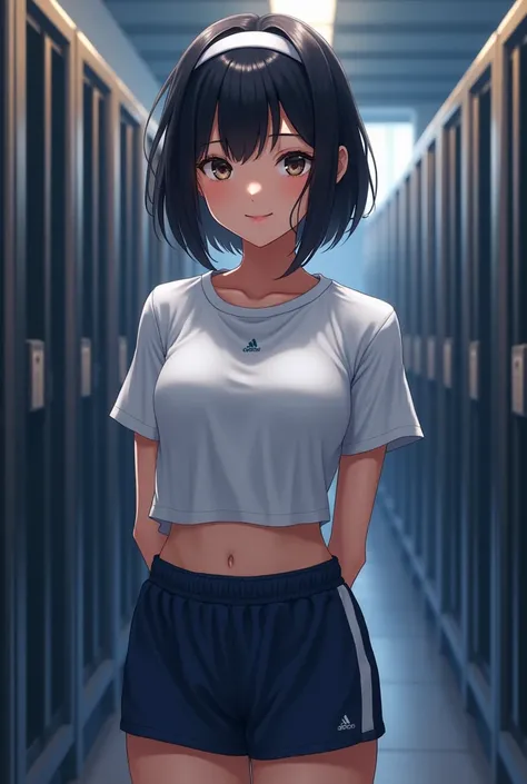 very cute and beautiful girl,(highly detailed beautiful face and eyes),(smile:1.2),happy,looking at viewer,
navyblue buruma,standing,arms behind back,detailed legs,white training shirt,short sleeve,
locker room in training gym,black hair,hair band,
(best q...