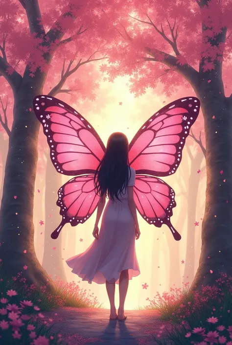 Pink and gold glittery background, a symmetrical illustration of a silhouette standing under a cherry blossom tree with large pink butterfly wings in the style of anime tarot card art in the style of colorful, colorful sparkles flying everywhere, a magical...