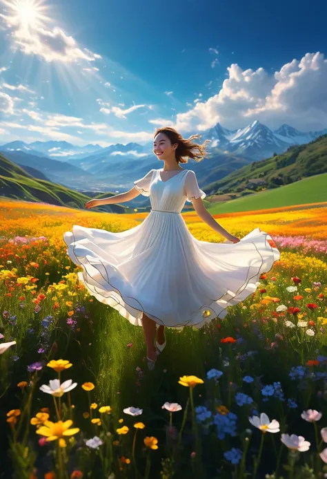 One girl, Dynamic Angle, Clouds and mountains, (Flower Field:1.4) In the foreground, White Dress, Light Tracing, (Floating colorful wind:1)
(Realistic:1.4), Official Art, unity 8k wallpaper, Super detailed, beautifully、aesthetic, masterpiece,Highest qualit...