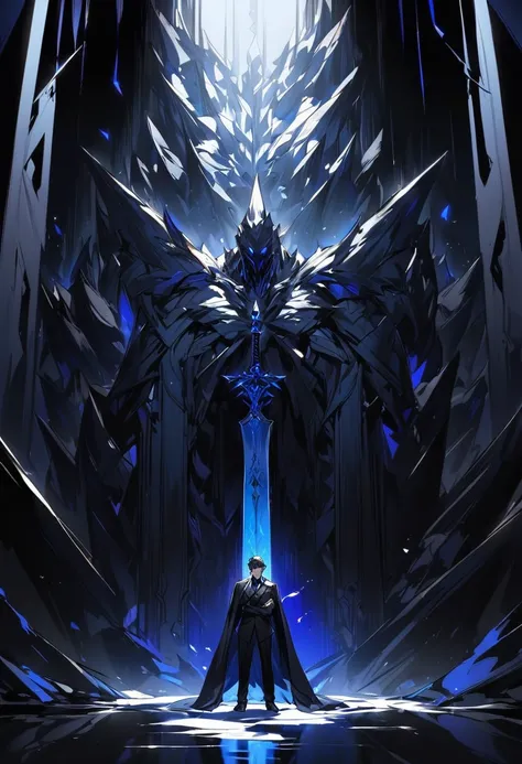 A gentleman made of shadows with black and blue tones, he uses a giant sword of blue light and has a cape, he is also standing alone, full body., represents solitude, dark environment he is on his black throne with one hand on his chin making a bored pose 