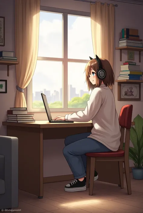 create a image featuring character setting at desk with headphones on,in Cozy room with warm lighting the room should such elements book decoration and a window showing either cityscape or natural the atmosphere should be calm and inviting studying or rela...