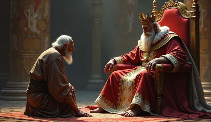 A king sitting on the throne and in front of him is a poor old man