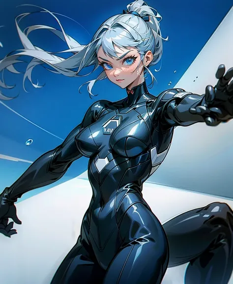 (very good, Professional, Surreal), She is wearing a black bodysuit, The suit has blue energy lines, Silver Hair, ponytail, blue eyes, Simple Background