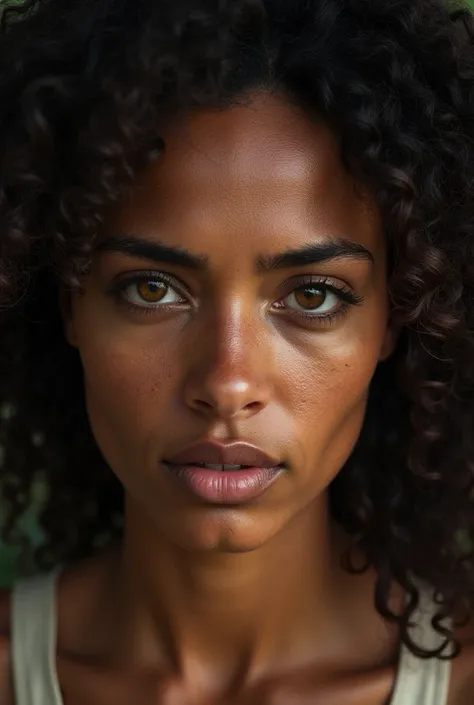 Face of a tired Brazilian woman with curly hair