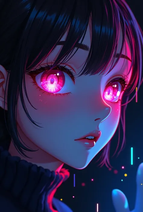 Anime character face with neon lighting with Black background 