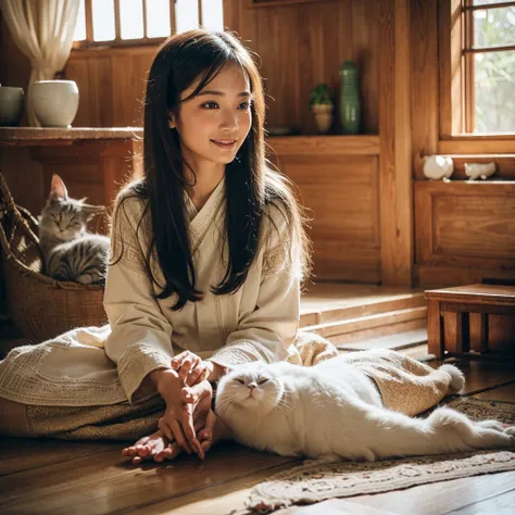 a beautiful thai woman with delicate facial features wearing traditional light-colored thai clothing, sitting on the wooden floor in an ancient thai-style house, gently petting a fluffy white cat curled up on her lap, with warm morning sunlight shining thr...